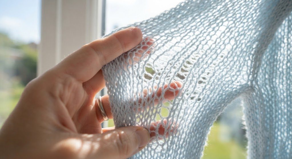 A hand holding kids' fabric up to a window to check knit density with light shining through gaps