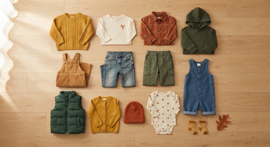 12 children's clothing items arranged in a flat lay showing the fall capsule pieces in mustard, rust, olive, and cream