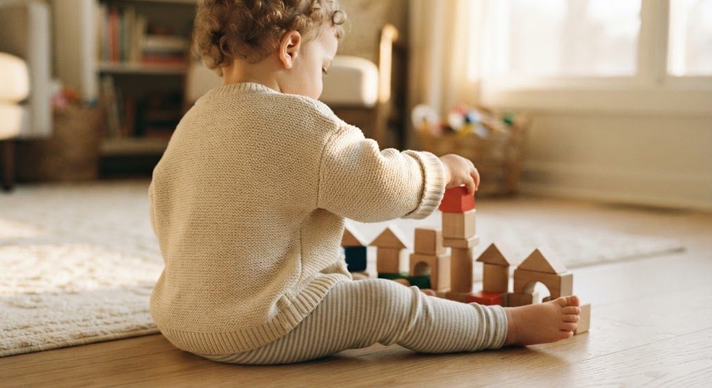 Jack in Ella's favorite unisex cardigan — soft, warm, and twice loved A toddler boy from behind wearing a cream knit cardigan and striped leggings, playing with blocks