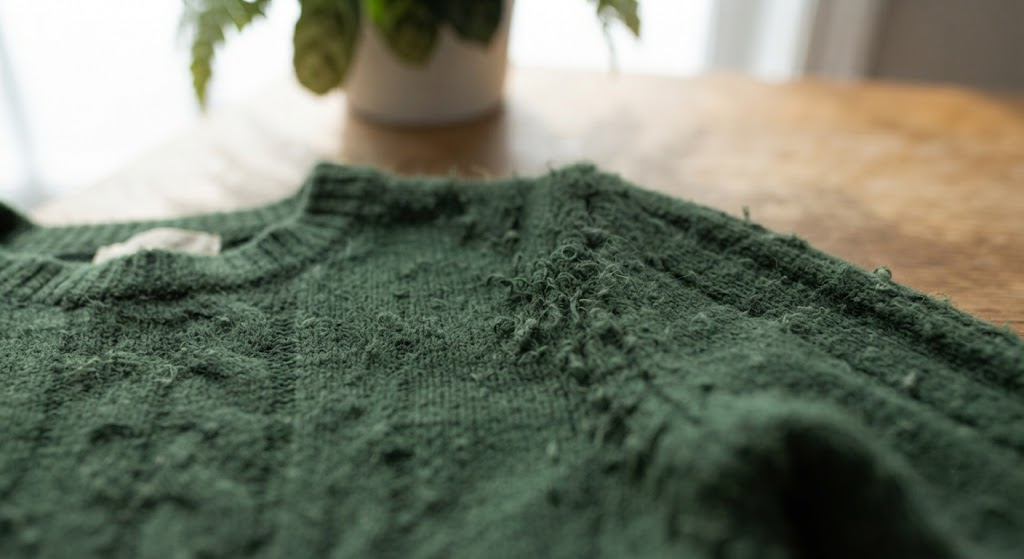 Extreme close-up of fabric pills on a kid's knit sweater surface