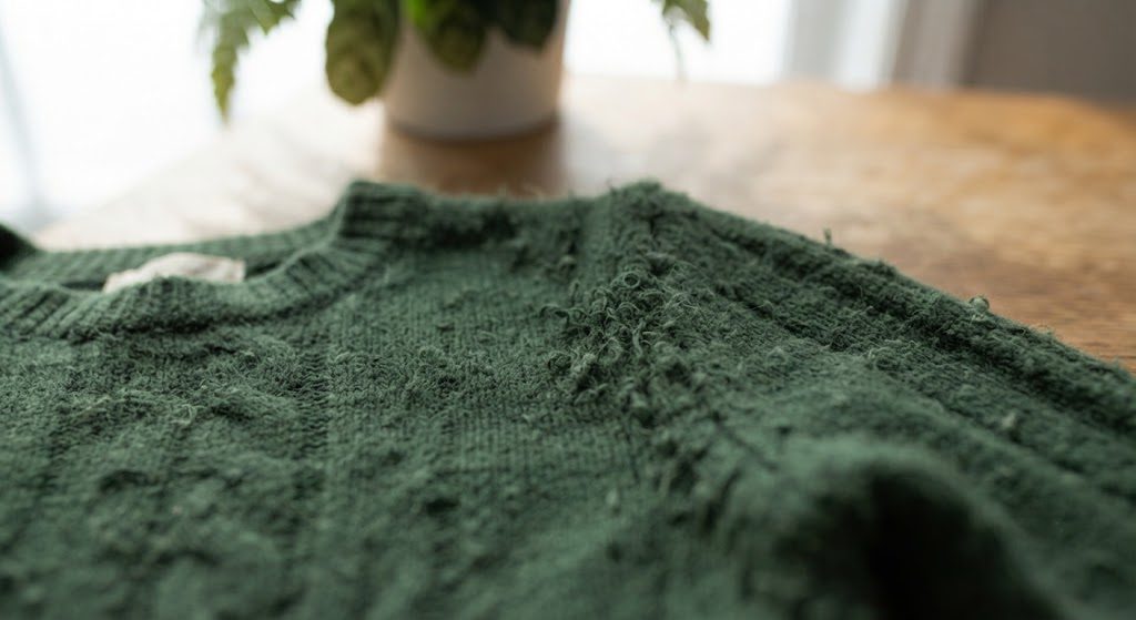 Extreme close-up of fabric pills on a kid's knit sweater surface