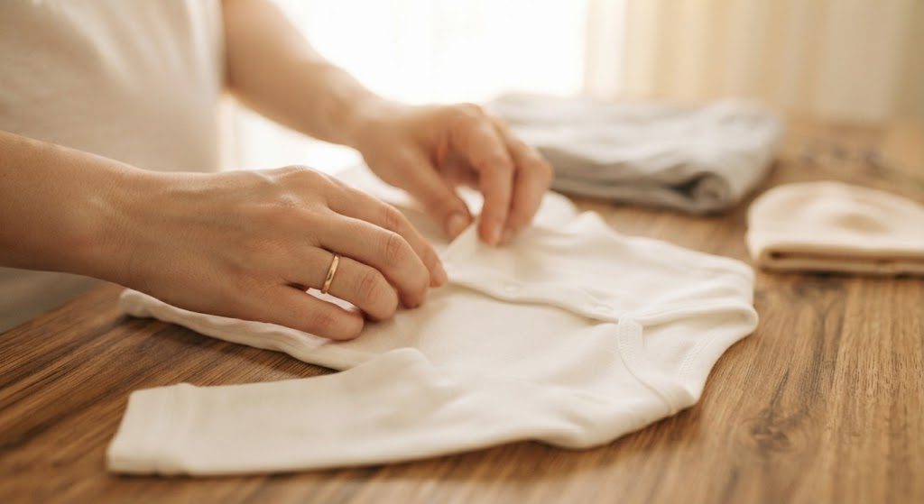 Folding the layette pieces that survived three newborns and 62 washes Hands folding a white baby bodysuit, with folded sleeper and knit hat nearby