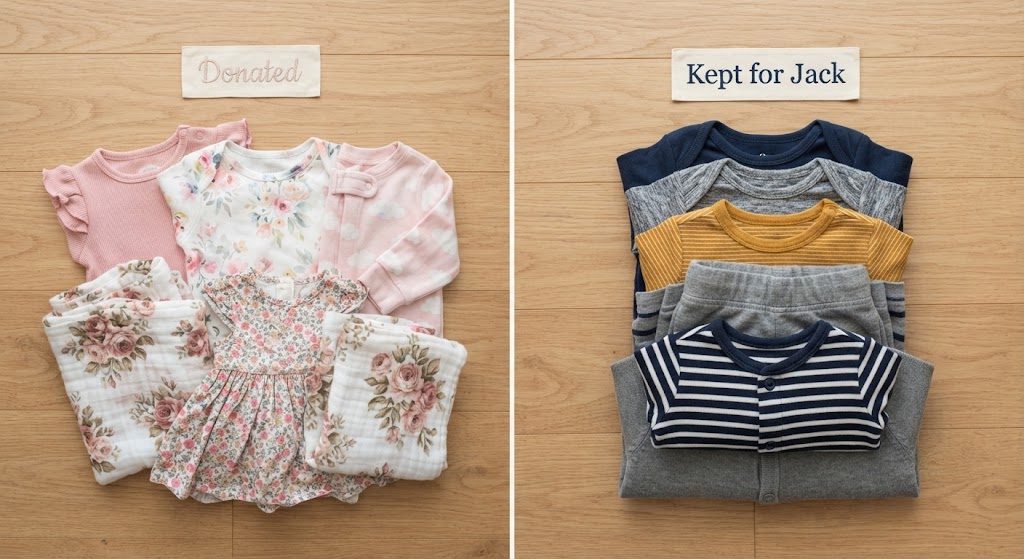 The hand-me-down sort: what crossed the gender line and what didn't A split flat lay of baby clothes: pink and ruffled items on left marked Donated, neutral solids and stripes on right marked Kept for Jack