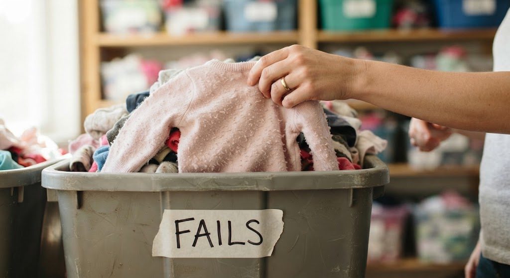 A hand lifting a pilled pink children's sweater from a bin labeled FAILS