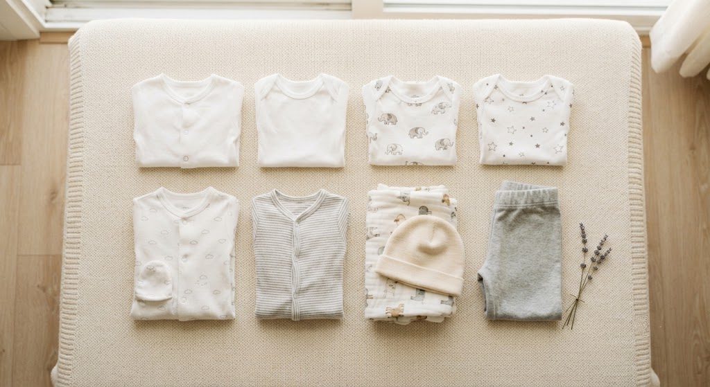 The 8-Piece Newborn Layette: Everything a baby actually wears Eight folded newborn clothing essentials laid out on a cream blanket, including bodysuits, sleepers, swaddle, hat, and pants