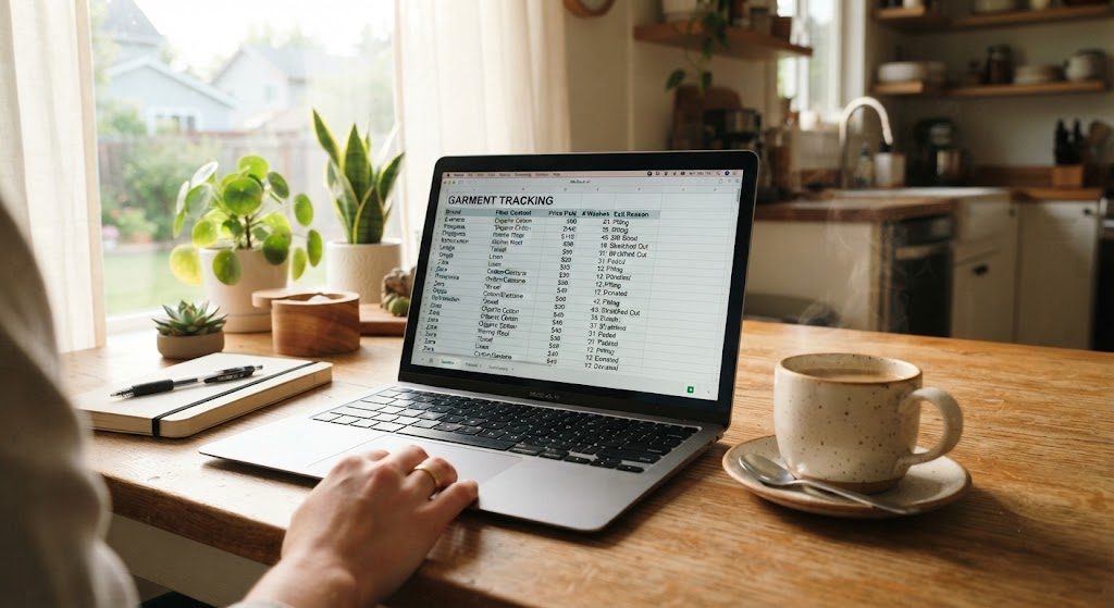 A laptop screen showing a detailed spreadsheet with columns for brand, fiber, price, washes, and exit reason