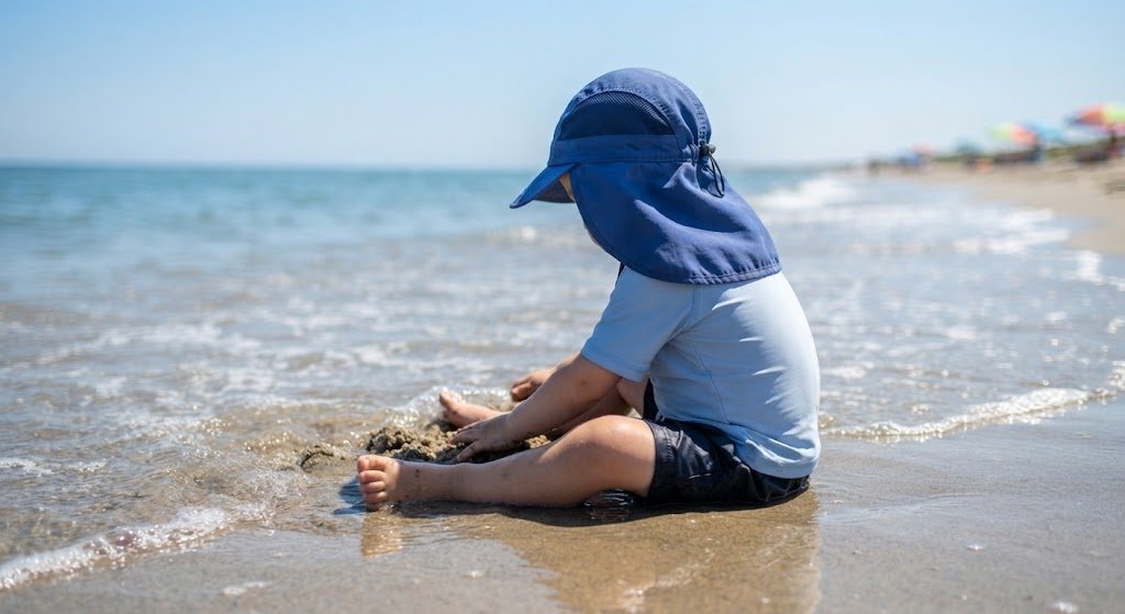 A toddler wearing a navy nylon sun hat with neck flap, playing at the ocean's edge, back view