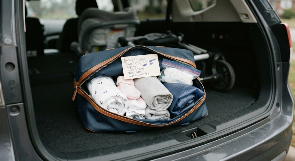An open wet-dry bag in a car trunk containing a backup outfit, rain jacket, potty seat, and wipes