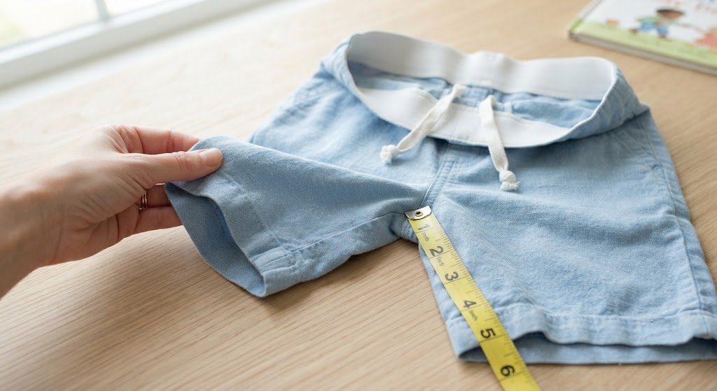 Hands stretching the leg opening of blue kids' shorts, with measuring tape showing a 5-inch inseam and adjustable waistband exposed