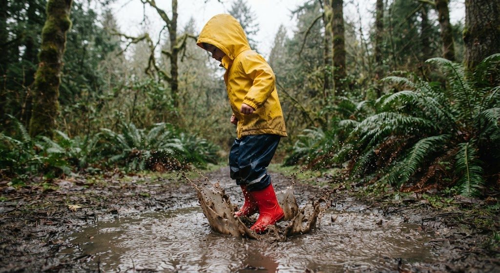 A child wearing a full rain suit of yellow jacket, navy pants, and red boots jumping into a muddy puddle