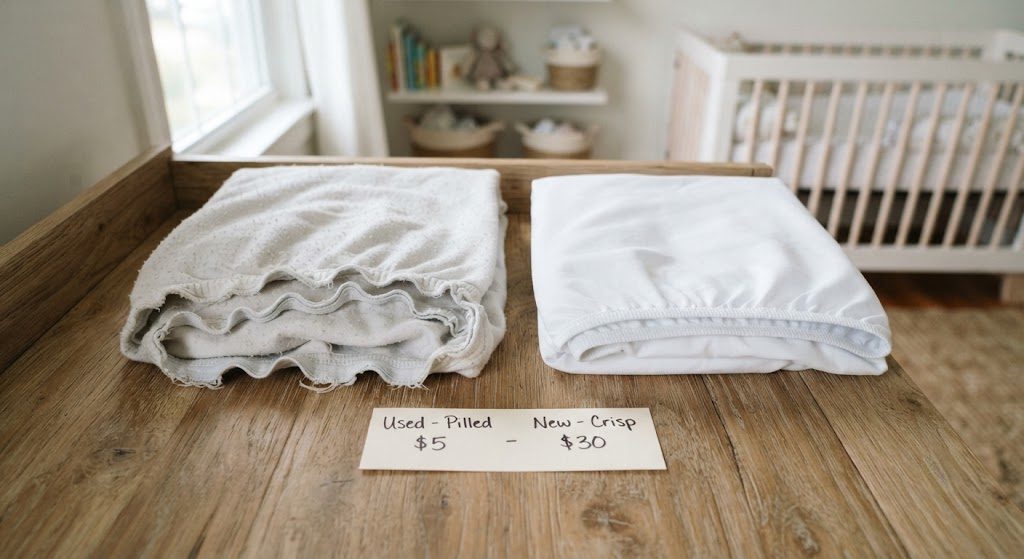 Two folded crib sheets compared: a pilled $5 sheet and a smooth $30 sheet