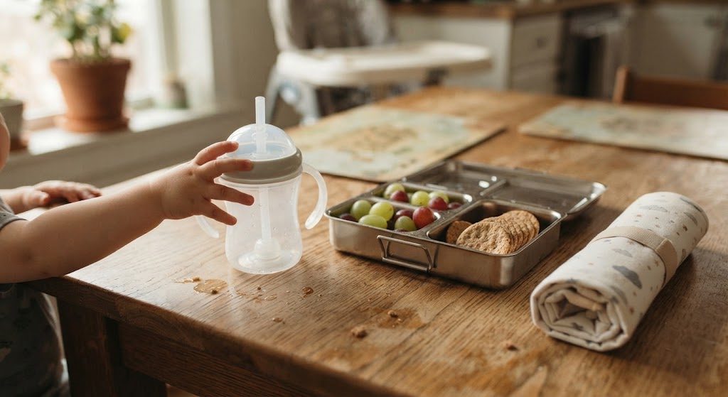 A sippy cup, bento lunch box, and rolled nap mat on a kitchen table, with a child's hand reaching