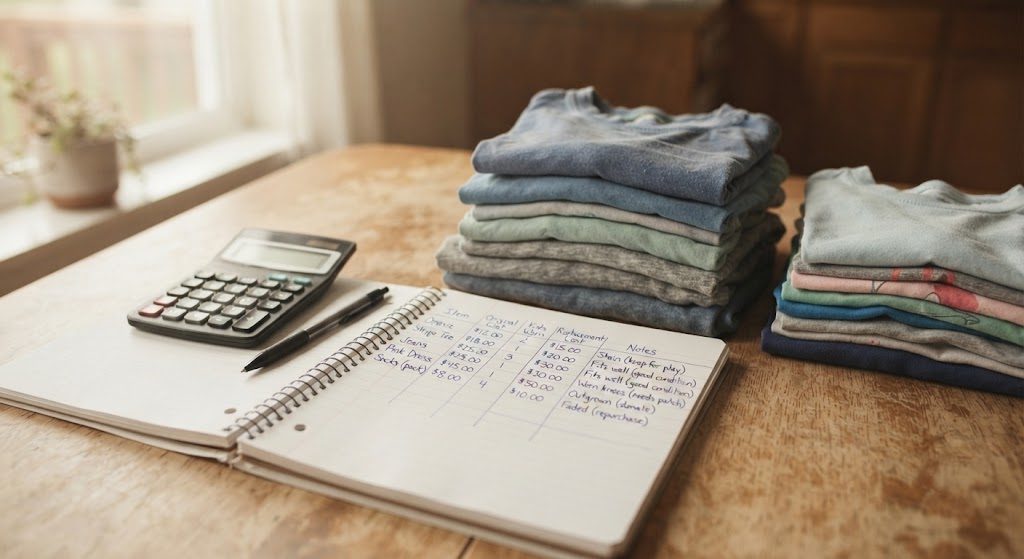 Handwritten spreadsheet notes tracking hand-me-down costs, a calculator, and a stack of used kids' t-shirts