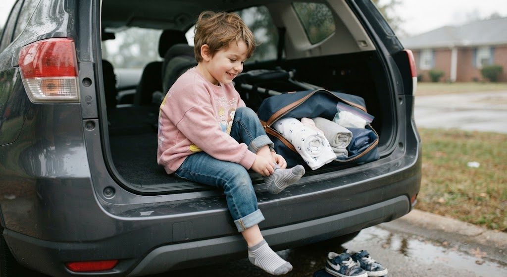 A boy in a borrowed pink princess sweatshirt changing into dry socks at the car trunk, with emergency bag open beside him