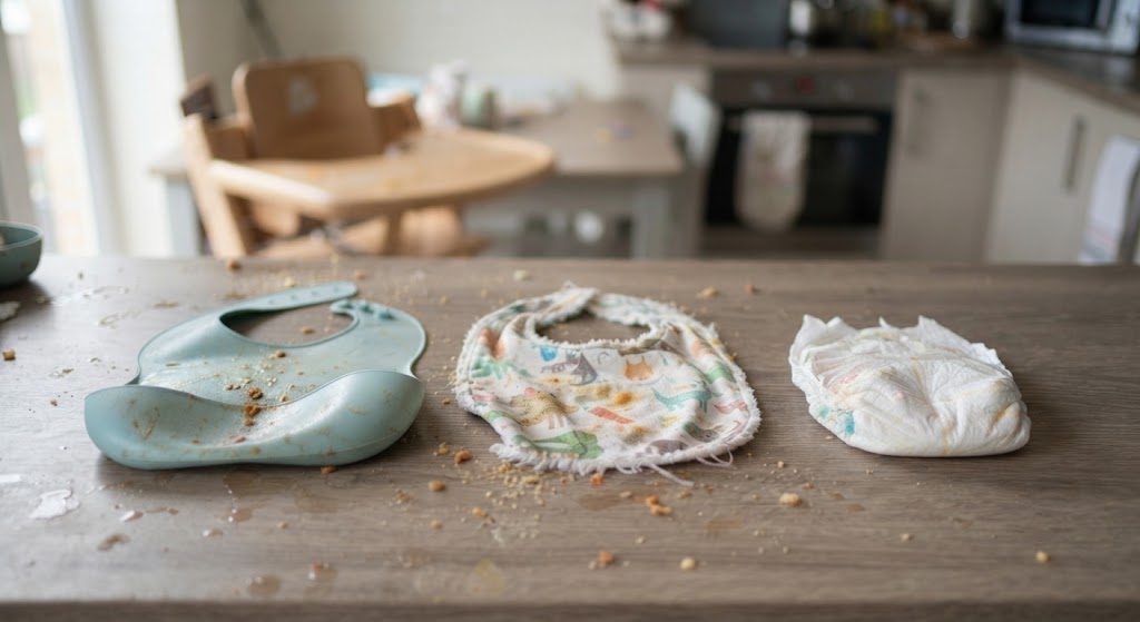 A stained silicone bib beside a soaked fabric bib and a folded disposable bib on a kitchen counter