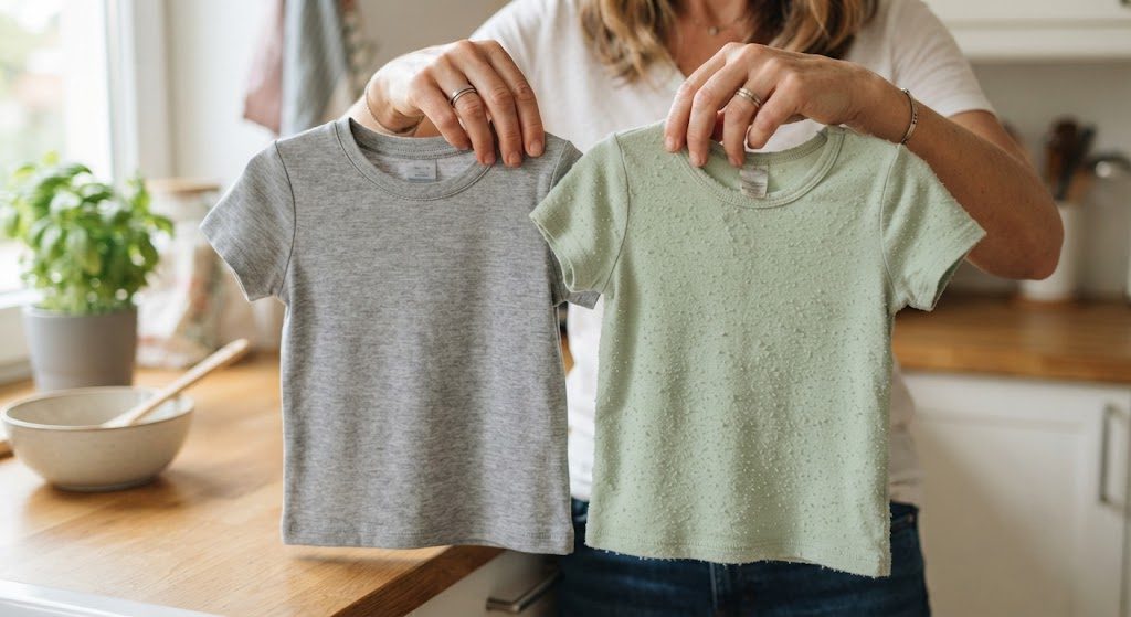 Two kids t-shirts compared: smooth modal on left, pilled bamboo viscose on right