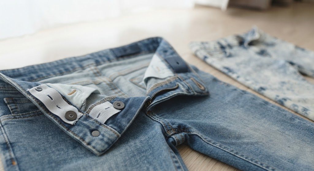 A close-up of an adjustable waistband inside kids jeans, elastic pulled and buttoned to a smaller size