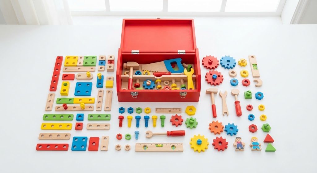 Mgtfbg 29-piece wooden toddler tool set complete set with red toolbox hammer saw wrench screwdriver gears nuts screws in flat lay on white background