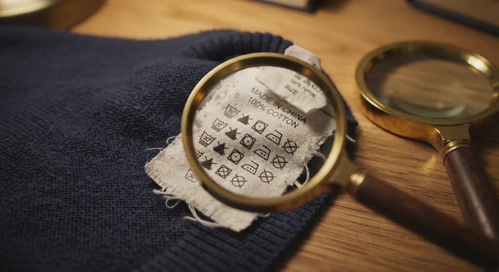 Magnifying glass over a care tag, enlarging the fiber content line on a navy blue kids' garment