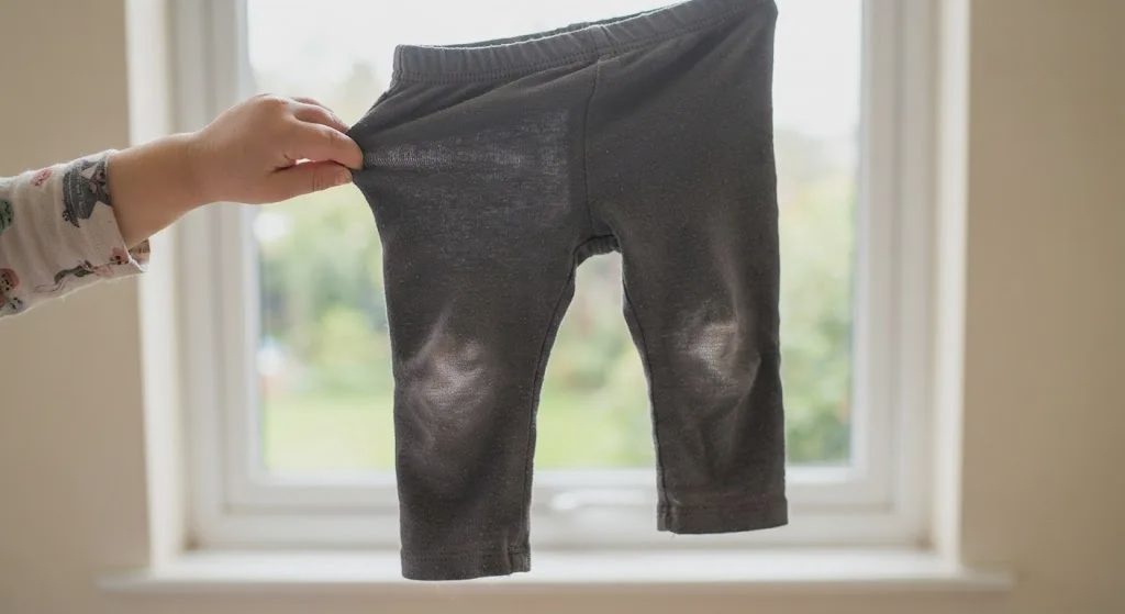 Child holding up too-short leggings to light, showing stretched fabric and short length